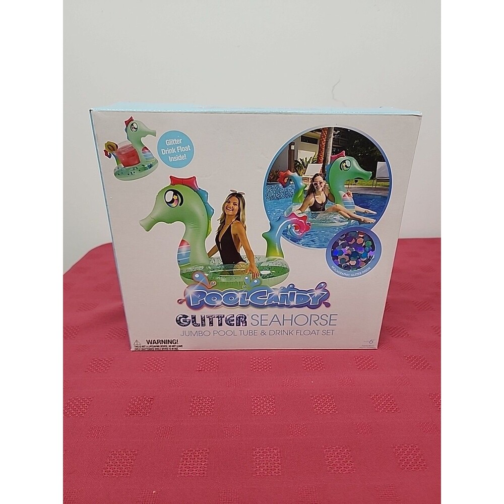 PoolCandy Glitter Seahorse Jumbo 48” Pool Tube Float W Floating Drink Holder NEW